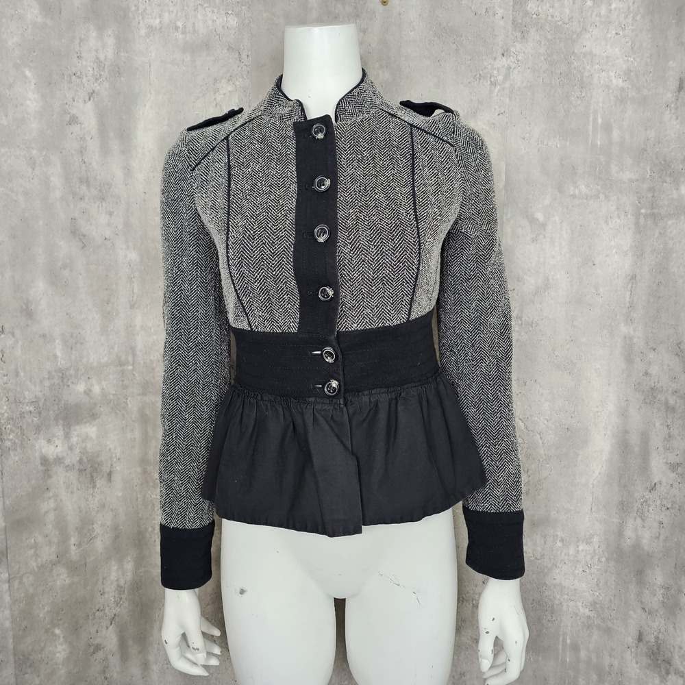 Anthropologie Daughters of Liberation Tweed Black Ruffled Military Peplum Jacket
